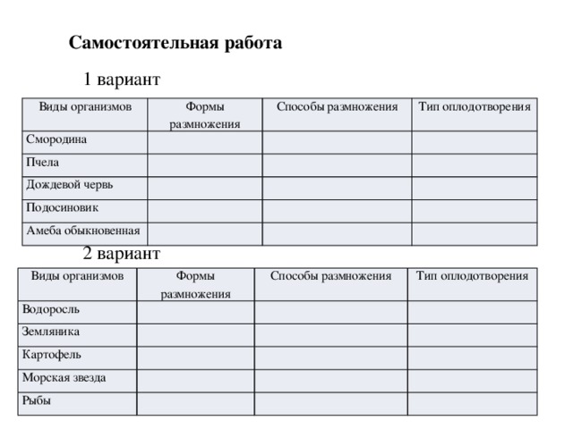 Самостоятельная работа 1 вариант Виды организмов Формы размножения Смородина Способы размножения Пчела Тип оплодотворения Дождевой червь Подосиновик Амеба обыкновенная 2 вариант Виды организмов Формы размножения Водоросль Способы размножения Земляника Тип оплодотворения Картофель Морская звезда Рыбы