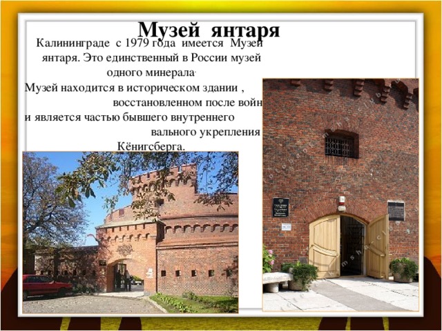 Музей янтаря Калининграде с 1979 года имеется Музей янтаря. Это единственный в России музей одного минерала . Музей находится в историческом здании , восстановленном после войны, и является частью бывшего внутреннего вального укрепления Кёнигсберга.