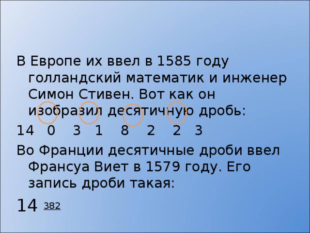 В Европе их ввел в 1585 году голландский математик и инженер Симон Стивен. Вот как он изобразил десятичную дробь: 14 0 3 1 8 2 2 3 Во Франции десятичные дроби ввел Франсуа Виет в 1579 году. Его запись дроби такая: 14 382