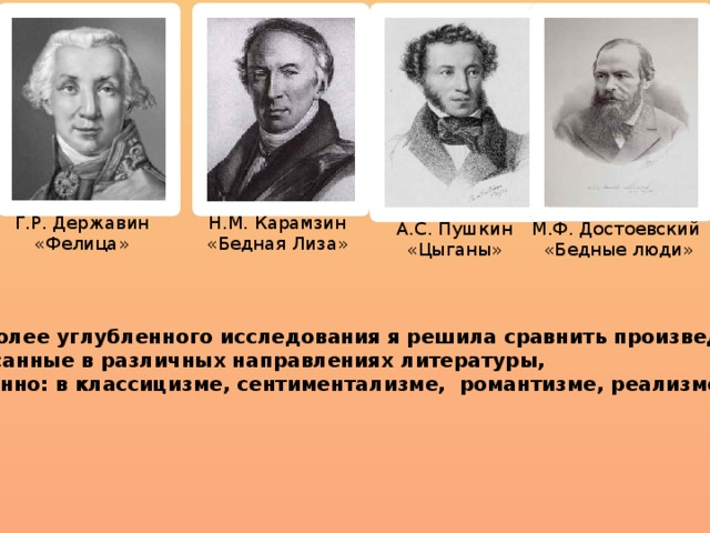 Г.Р. Державин Н.М. Карамзин «Фелица» «Бедная Лиза» А.С. Пушкин М.Ф. Достоевский «Цыганы» «Бедные люди» Для более углубленного исследования я решила сравнить произведения,  написанные в различных направлениях литературы,  а именно: в классицизме, сентиментализме, романтизме, реализме.