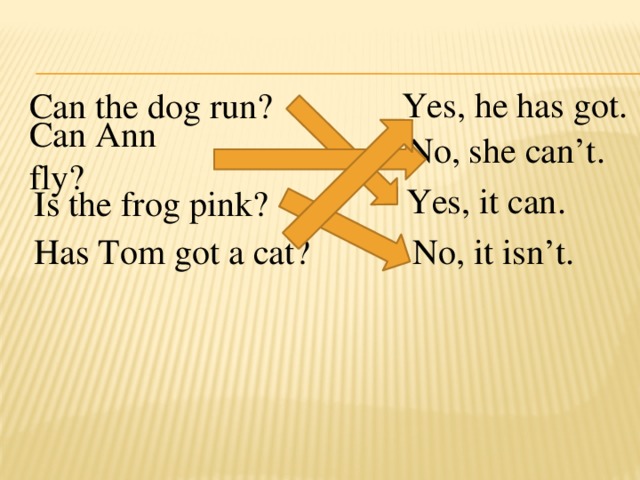 Yes, he has got. Can the dog run? Can Ann fly? No, she can’t. Yes, it can. Is the frog pink? Has Tom got a cat? No, it isn’t.
