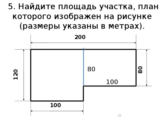 5. Найдите площадь участка, план которого изображен на рисунке  (размеры указаны в метрах). 120 80 200 80 100 100 20