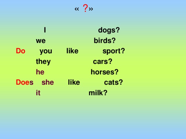 « ? »  I dogs?  we birds? Do you like sport?  they cars?  he horses? Doe s  she like cats?  it milk?