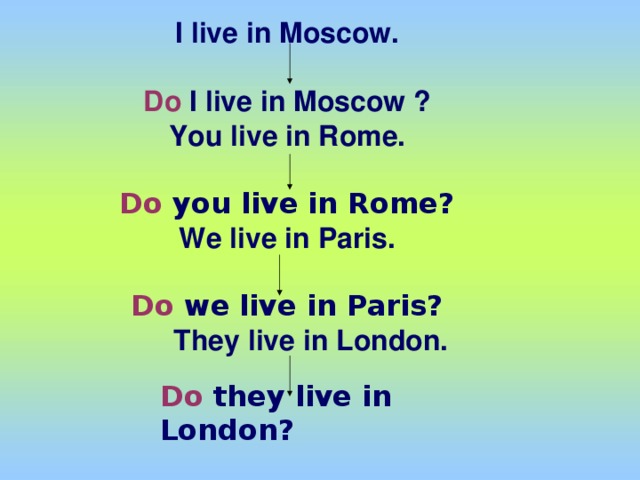 I live in Moscow.  Do I live in Moscow ? You live in Rome.  Do you live in Rome? We live in Paris.  Do we live in Paris?  They live in London. Do  they live in London?