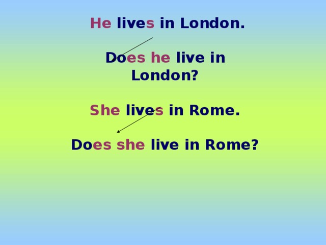 He live s in London.  Do es he live in London?  She live s in Rome.  Do es  she live in Rome?