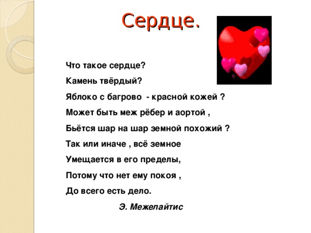 Сердце. Что такое сердце? Камень твёрдый? Яблоко с багрово - красной кожей ? Может быть меж рёбер и аортой , Бьётся шар на шар земной похожий ? Так или иначе , всё земное Умещается в его пределы, Потому что нет ему покоя , До всего есть дело. Э. Межелайтис