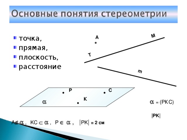 Т m М точка, прямая, плоскость, расстояние А Р С К    =  ( РКС) | PK | A  ,  KC    ,  P     , | PK |  = 2 см