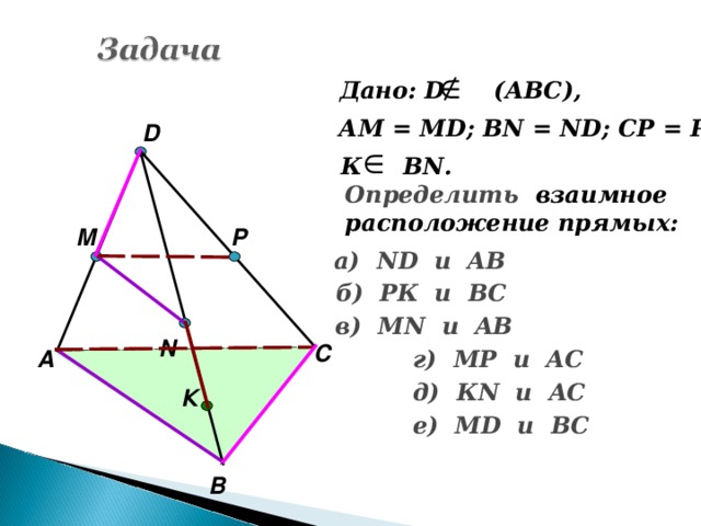 Дано: D (АВС), АМ = М D ; В N = ND; CP = PD D К В N . Определить  взаимное расположение прямых: M P а) ND и AB б) РК и ВС в) М N и AB N С г) МР и A С А д) К N и A С К е) М D и B С В
