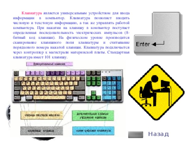 Клавиатура является универсальным устройством для ввода информации в компьютер. Клавиатура позволяет вводить числовую и текстовую информацию, а так же управлять работой компьютера. При нажатии на клавишу в компьютер поступает определенная последовательность электрических импульсов (8-битный код клавиши). На физическом уровне производится сканирование клавишного поля клавиатуры и считывание порядкового номера нажатой клавиши. Клавиатура подключается через контроллер к магистрали материнской платы. Стандартная клавиатура имеет 101 клавишу. Назад
