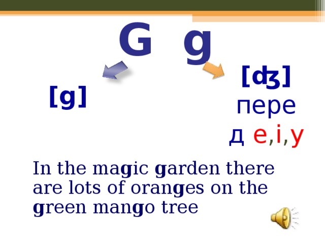 G  g [ʤ]  перед  e , i , y [ g ]       In the ma g ic g arden there are lots of oran g es on the g reen man g o tree
