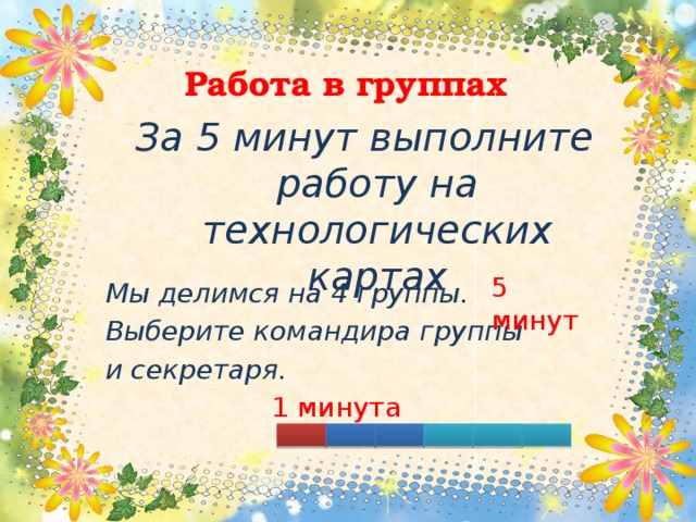 Работа в группах За 5 минут выполните работу на технологических картах  5 минут Мы делимся на 4 группы. Выберите командира группы и секретаря. 1 минута