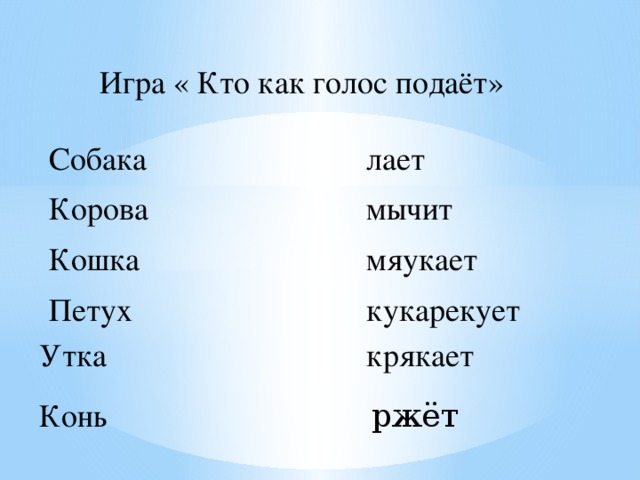 Игра « Кто как голос подаёт» Собака  лает Корова мычит Кошка мяукает Петух кукарекует Утка крякает Конь ржёт