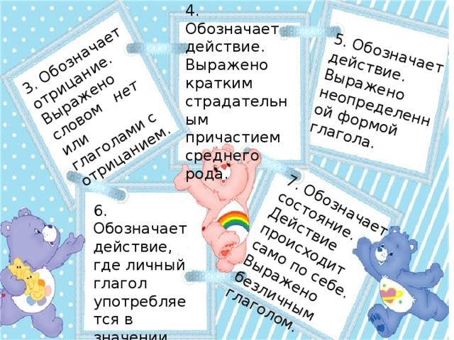 4. Обозначает действие. Выражено кратким страдательным причастием среднего рода. 3. Обозначает отрицание. Выражено словом нет или глаголами с отрицанием. 5. Обозначает действие. Выражено неопределенной формой глагола. 7. Обозначает состояние. Действие происходит само по себе. Выражено безличным глаголом. 6. Обозначает действие, где личный глагол употребляется в значении безличного.  