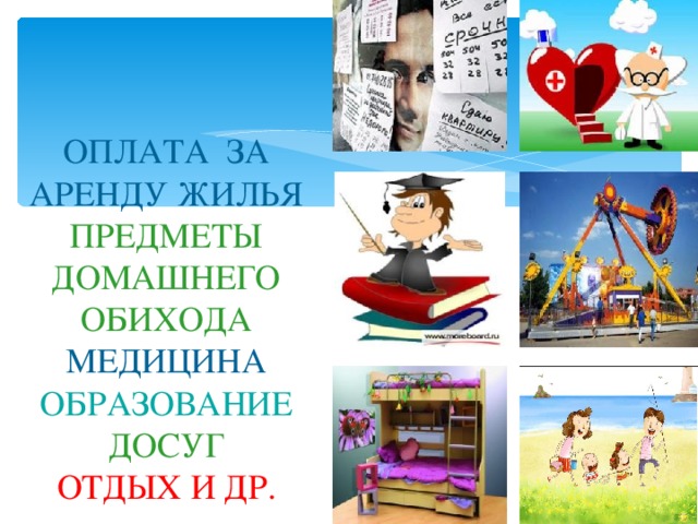 ОПЛАТА ЗА  АРЕНДУ ЖИЛЬЯ  ПРЕДМЕТЫ ДОМАШНЕГО ОБИХОДА  МЕДИЦИНА  ОБРАЗОВАНИЕ  ДОСУГ  ОТДЫХ И ДР.