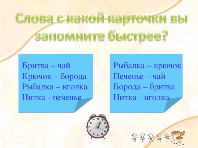 Бритва – чай Крючок – борода Рыбалка – иголка Нитка - печенье Рыбалка – крючок Печенье – чай Борода – бритва Нитка - иголка