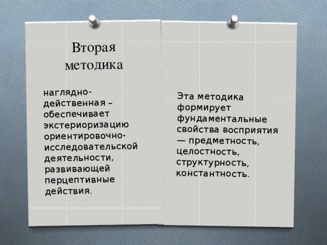 Вторая методика Эта методика формирует фундаментальные свойства восприятия — предметность, целостность, структурность, константность.  наглядно-действенная – обеспечивает экстериоризацию ориентировочно-исследовательской деятельности, развивающей перцептивные действия.