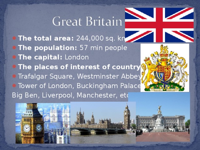 The total area :  244,000 sq. kms. The population : 57 min people The capital :  London The places of interest of country : Trafalgar Square, Westminster Abbey, Tower of London, Buckingham Palace,