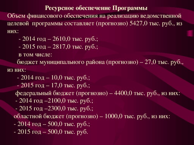 Ресурсное обеспечение Программы Объем финансового обеспечения на реализацию ведомственной целевой  программы составляет (прогнозно) 5427,0 тыс. руб., из них:  - 2014 год – 2610,0 тыс. руб.;  - 2015 год – 2817,0 тыс. руб.;  в том числе:  бюджет муниципального района (прогнозно) – 27,0 тыс. руб., из них:  - 2014 год – 10,0 тыс. руб.;  - 2015 год – 17,0 тыс. руб.;  федеральный бюджет (прогнозно) – 4400,0 тыс. руб., из них:  - 2014 год –2100,0 тыс. руб.;  - 2015 год –2300,0 тыс. руб.;  областной бюджет (прогнозно) – 1000,0 тыс. руб., из них:  - 2014 год – 500,0 тыс. руб.;  - 2015 год – 500,0 тыс. руб.