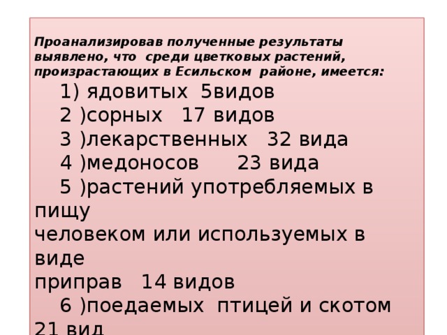   Проанализировав полученные результаты выявлено, что среди цветковых растений, произрастающих в Есильском районе, имеется:  1) ядовитых 5видов  2 )сорных 17 видов  3 )лекарственных 32 вида  4 )медоносов 23 вида  5 )растений употребляемых в пищу человеком или используемых в виде приправ 14 видов  6 )поедаемых птицей и скотом 21 вид  7 )декоративных 18 видов