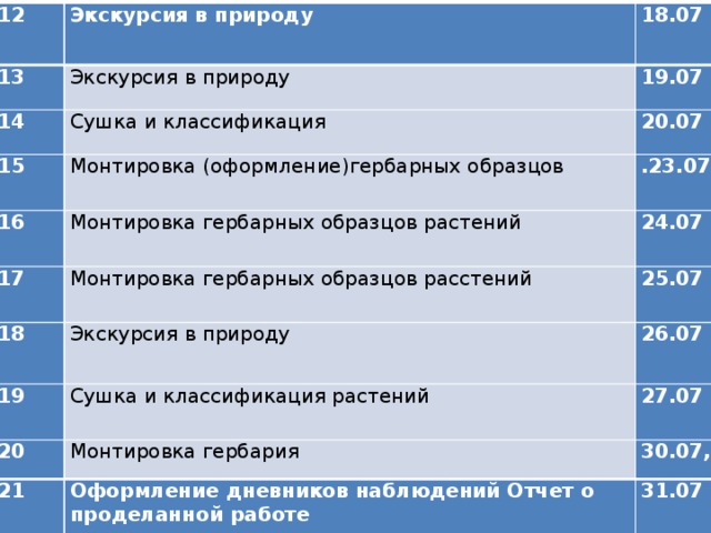 12 13 Экскурсия в природу 18.07 Экскурсия в природу 14 19.07 Сушка и классификация 15 16 20.07 Монтировка (оформление)гербарных образцов 17 Монтировка гербарных образцов растений .23.07 24.07 Монтировка гербарных образцов расстений 18 25.07 19 Экскурсия в природу 26.07 Сушка и классификация растений 20 27.07 21 Монтировка гербария 30.07, Оформление дневников наблюдений Отчет о проделанной работе 31.07