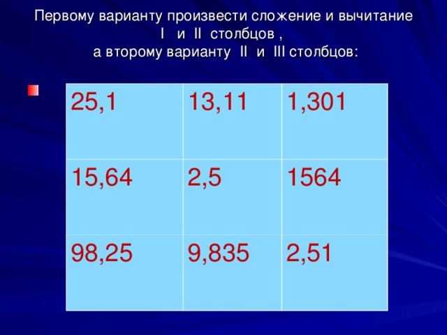 Первому варианту произвести сложение и вычитание  I и II столбцов ,  а второму варианту II и III столбцов:   25,1 13,11 15,64 1,301 2,5 98,25 9,835 1564 2,51