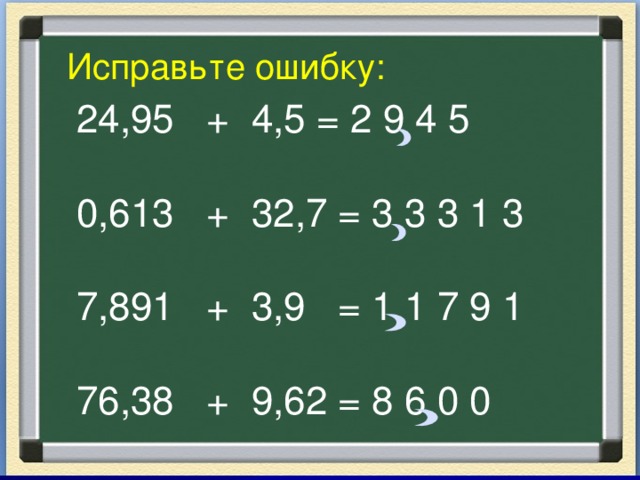 Исправьте ошибку: 24,95 + 4,5 = 2 9 4 5 0,613 + 32,7 = 3 3 3 1 3 7,891 + 3,9 = 1 1 7 9 1 76,38 + 9,62 = 8 6 0 0