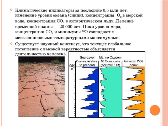 Климатические индикаторы за последние 0,5 млн лет: изменение уровня океана (синий), концентрация O 2 в морской воде, концентрация CO 2 в антарктическом льду. Деление временной шкалы — 20 000 лет. Пики уровня моря, концентрации CO 2 и минимумы 18 O совпадают с межледниковыми температурными максимумами. Существует научный консенсус, что текущее глобальное потепление с высокой вероятностью объясняется деятельностью человека.