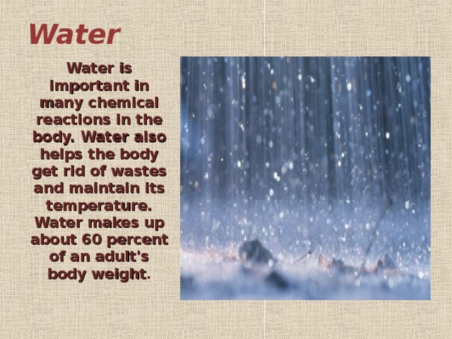 Water   Water is important in many chemical reactions in the body. Water also helps the body get rid of wastes and maintain its temperature. Water makes up about 60 percent of an adult's body weight .