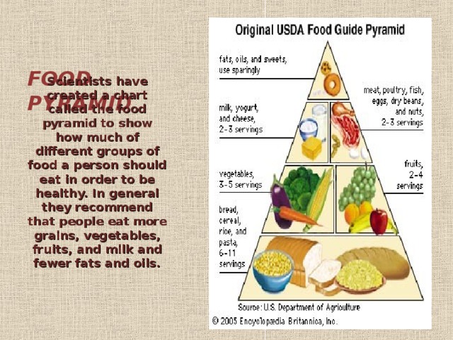 FOOD PYRAMID   Scientists have created a chart called the food pyramid to show how much of different groups of food a person should eat in order to be healthy. In general they recommend that people eat more  grains, vegetables, fruits, and milk and fewer fats and oils.