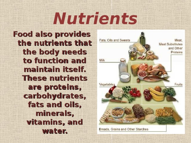 Nutrients Food also provides the nutrients that the body needs to function and maintain itself. These nutrients are proteins, carbohydrates, fats and oils, minerals, vitamins, and water.