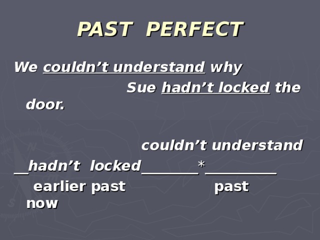 PAST PERFECT We couldn’t understand why  Sue hadn’t locked the door.   couldn’t understand __ hadn’t locked ________*__________  earlier past  past  now
