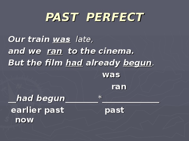 PAST PERFECT Our train  was late, and we ran to the cinema. But the film had already  begun .  was  ran __ had begun ________*______________  earlier past  past  now