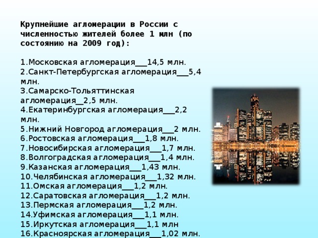 Крупнейшие агломерации в России с численностью жителей более 1 млн (по состоянию на 2009 год):
