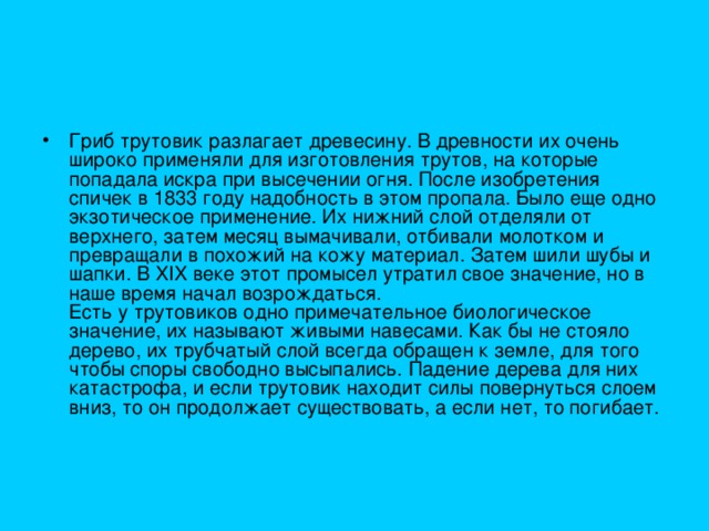 Гриб трутовик разлагает древесину. В древности их очень широко применяли для изготовления трутов, на которые попадала искра при высечении огня. После изобретения спичек в 1833 году надобность в этом пропала. Было еще одно экзотическое применение. Их нижний слой отделяли от верхнего, затем месяц вымачивали, отбивали молотком и превращали в похожий на кожу материал. Затем шили шубы и шапки. В XIX веке этот промысел утратил свое значение, но в наше время начал возрождаться.  Есть у трутовиков одно примечательное биологическое значение, их называют живыми навесами. Как бы не стояло дерево, их трубчатый слой всегда обращен к земле, для того чтобы споры свободно высыпались. Падение дерева для них катастрофа, и если трутовик находит силы повернуться слоем вниз, то он продолжает существовать, а если нет, то погибает.