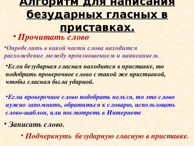 Алгоритм для написания безударных гласных в приставках.