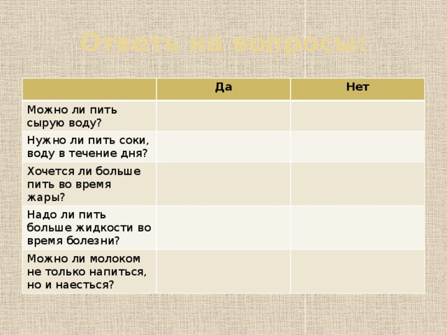 Ответь на вопросы: Да Можно ли пить сырую воду? Нет Нужно ли пить соки, воду в течение дня? Хочется ли больше пить во время жары? Надо ли пить больше жидкости во время болезни? Можно ли молоком не только напиться, но и наесться?