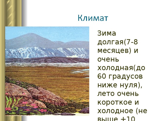 Зима долгая(7-8 месяцев) и очень холодная(до 60 градусов ниже нуля), лето очень короткое и холодное (не выше +10 градусов).