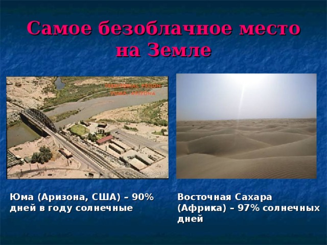 Самое безоблачное место на Земле Юма (Аризона, США) – 90% дней в году солнечные Восточная Сахара (Африка) – 97% солнечных дней