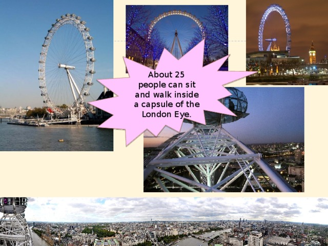 About 25 people can sit and walk inside a capsule of the London Eye.