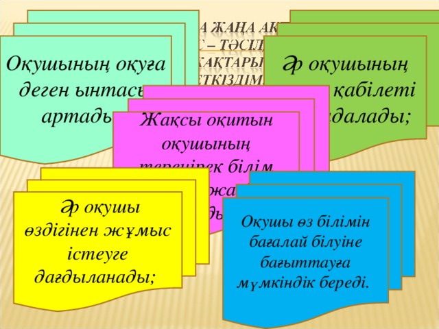 Оқушының оқуға деген ынтасы артады; Әр оқушының жеке қабілеті айқындалады; Жақсы оқитын оқушының тереңірек білім алуына жағдай туады;  Әр оқушы өздігінен жұмыс істеуге дағдыланады; Оқушы өз білімін бағалай білуіне бағыттауға мүмкіндік береді.