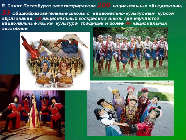 В Санкт-Петербурге зарегистрировано 200 национальных объединений, 33  общеобразовательные школы с национально-культурным курсом образования, 10 национальных воскресных школ, где изучаются национальные языки, культура, традиции и более 60 национальных ансамблей.