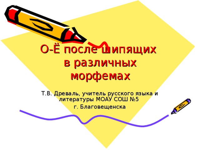 О-Ё после шипящих  в различных морфемах Т.В. Древаль, учитель русского языка и литературы МОАУ СОШ №5 г. Благовещенска