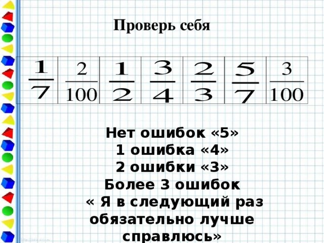 Проверь себя Нет ошибок «5» 1 ошибка «4» 2 ошибки «3» Более 3 ошибок  « Я в следующий раз обязательно лучше справлюсь»