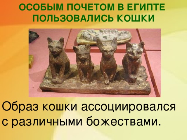 ОСОБЫМ ПОЧЕТОМ В ЕГИПТЕ ПОЛЬЗОВАЛИСЬ КОШКИ Образ кошки ассоциировался с различными божествами.  Особым почетом в египте пользовались кошки.