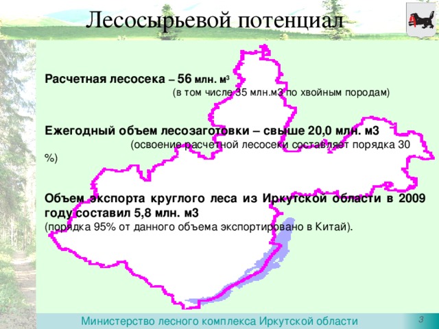 Лесосырьевой потенциал Расчетная  лесосека – 56 млн. м 3  (в том числе 35 млн.м3 по хвойным породам) Ежегодный объем лесозаготовки – свыше 20,0 млн. м3  (освоение расчетной лесосеки составляет порядка 30 %) Объем экспорта круглого леса из Иркутской области в 2009 году составил 5,8 млн. м3 (порядка 95% от данного объема экспортировано в Китай).