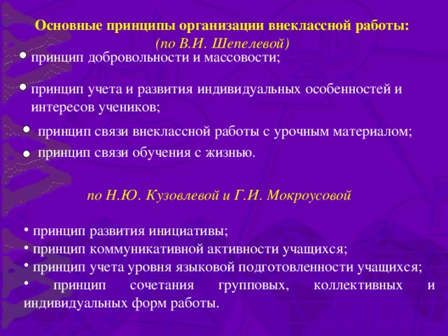 Основные принципы организации внеклассной работы: (по В.И. Шепелевой) принцип добровольности и массовости; принцип учета и развития индивидуальных особенностей и интересов учеников; принцип связи внеклассной работы с урочным материалом; принцип связи обучения с жизнью.  по Н.Ю. Кузовлевой и Г.И. Мокроусовой