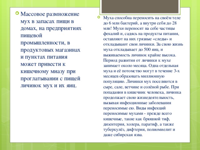 Массовое размножение мух в запасах пищи в домах, на предприятиях пищевой промышленности, в продуктовых магазинах и пунктах питания может привести к кишечному миазу при проглатывании с пищей личинок мух и их яиц. Муха способна переносить на своём теле до 6 млн бактерий, а внутри себя до 28 млн! Мухи переносят на себе частицы фекалий и, садясь на продукты питания, оставляют на них грязные «следы» и откладывают свои личинки. За свою жизнь муха откладывает до 500 яиц, и выживаемость личинок крайне высока. Период развития от личинки к мухе занимает около месяца. Одна отдельная муха и её потомство могут в течение 3-х месяцев образовать миллионную популяцию. Личинки мух поселяются в сыре, сале, ветчине и солёной рыбе. При попадании в кишечник человека, личинка продолжает свою жизнедеятельность, вызывая инфекционные заболевания переносимые ею. Виды инфекций переносимые мухами - прежде всего кишечные, такие как брюшной тиф, дизентерия, холера, паратиф, а также туберкулёз, дифтерия, полиомиелит и даже сибирская язва.