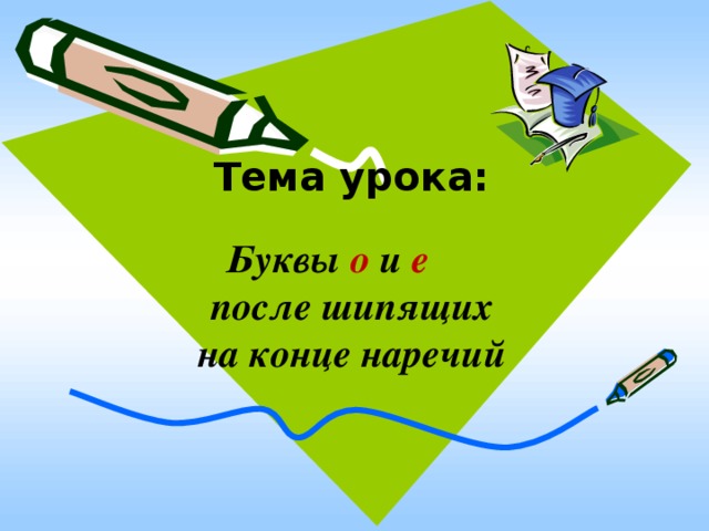 Тема урока: Буквы о и е  после шипящих  на конце  наречий