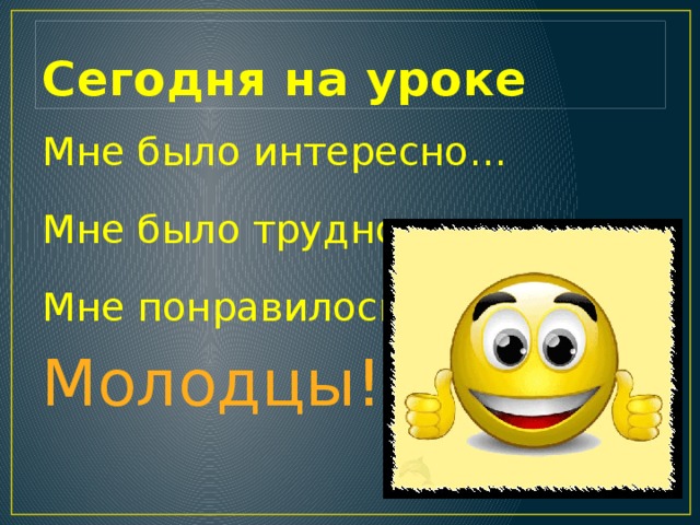 Сегодня на уроке Мне было интересно… Мне было трудно… Мне понравилось… Молодцы!