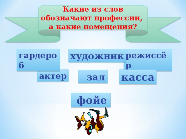 Какие из слов обозначают профессии, а какие помещения? режиссёр художник гардероб касса актер  зал  фойе